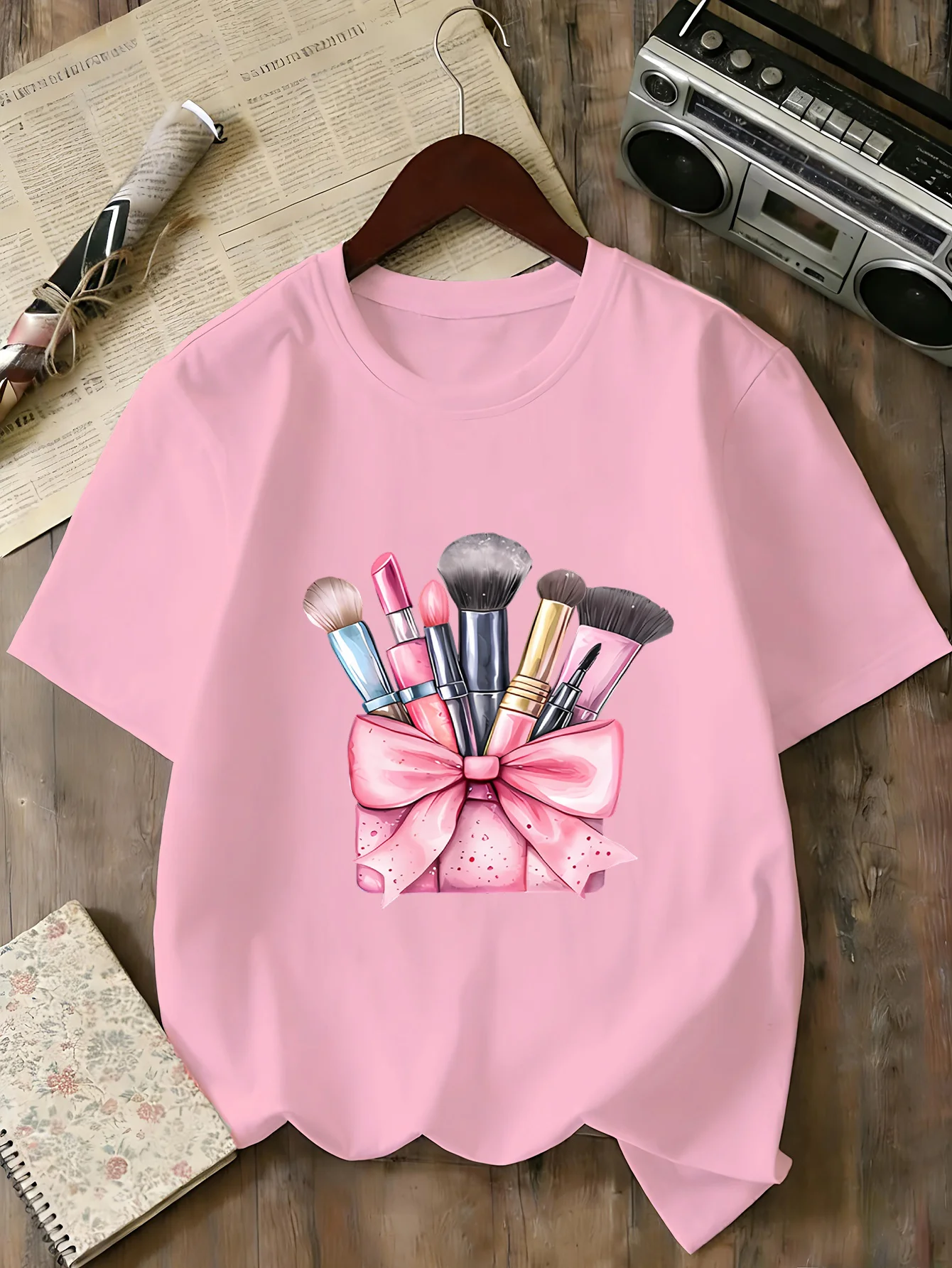 Fashion Bow Cosmetic Brush Print T Shirt Family Matching Boys Girls Kids Short Sleeve Casual Sweet Beauty Children Daily Tops