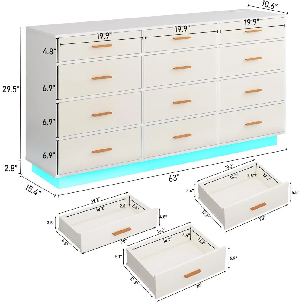 12 Drawers Dresser w/Power Outlet,60000-Colors Lights for Bedroom,63