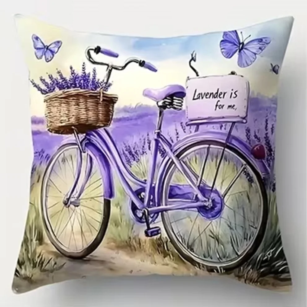4PC Lavender Field Bicycle Cottage Garden Bouquet Purple Floral Print Throw Pillow for Spring Decor