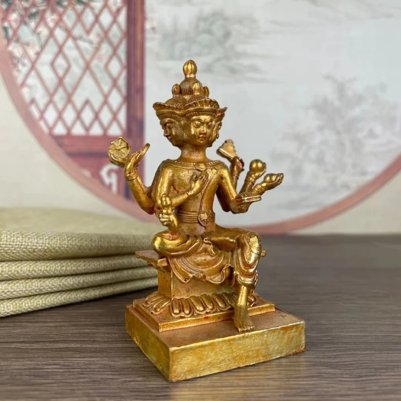 Four-Sided Buddha Worship Buddha Statue Statue Alloy Ornaments Home Office Display Collection Complex Gilding Bronze Crafts