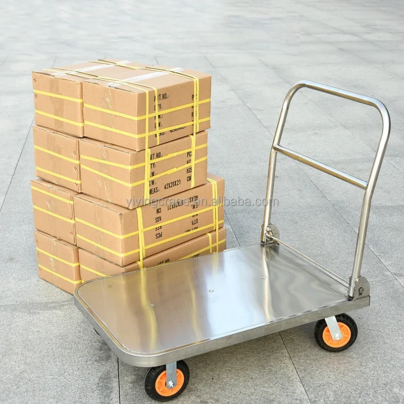 Folding handle 4 wheels 500kg platform trolley Stainless steel platform trolley