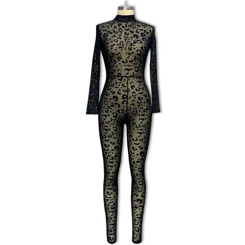 QNQO Jump Suits für Frauen Leopard Sexy Spice Girl Schlank Bodysuit 2024, neue Streetwear-Mode, aushöhlen, Langarm-Overalls