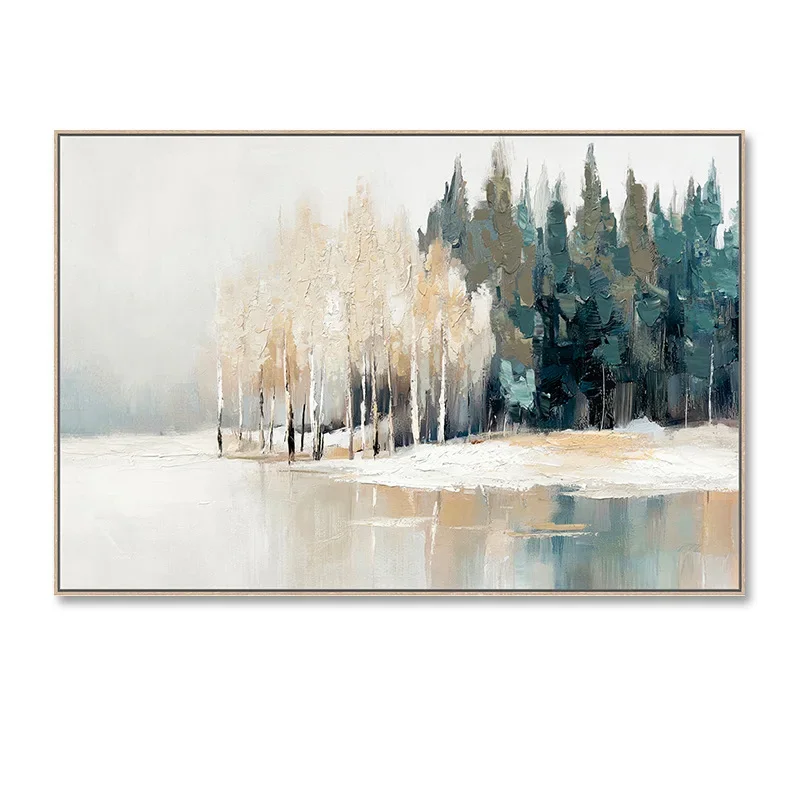 

Nordic minimalist abstract winter forest decorative paintings, hotel bed and breakfast living room office soft background