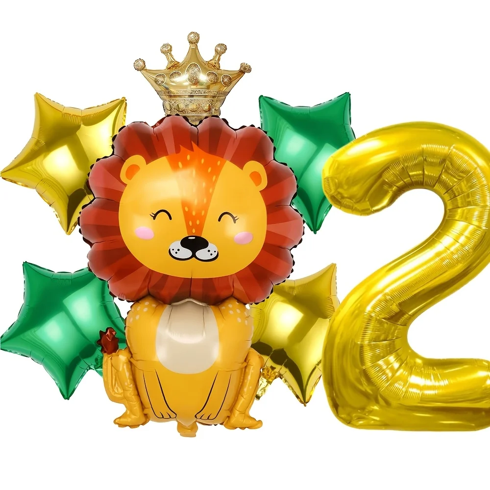 6pcs Lion King Number Balloon Set, Crown Lion Gold Green Star Foil Balloons for Lion King Theme Birthday, Jungle Safari Party, B - view 4