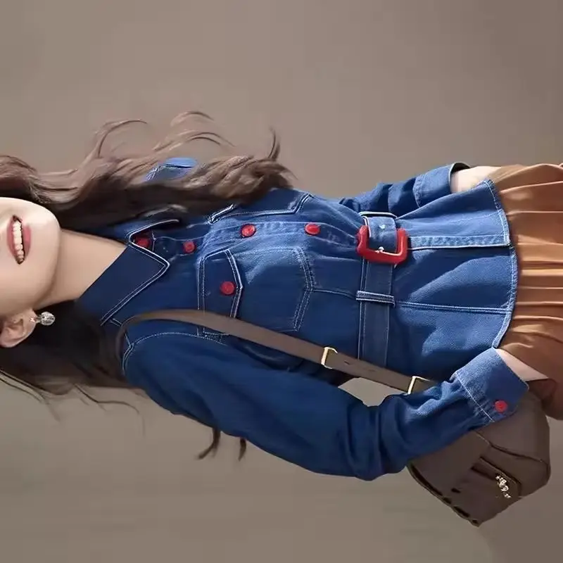 

Весенне-осенняя новая женская джинсовая куртка, блузка, модный дизайн, пояс, ковбойская рубашка, пальто, женский синий воротник-поло, повседневные женские топы на талии