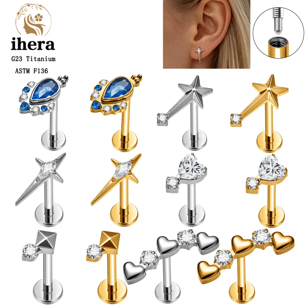 ASTM F136 Titanium Heart Zircon Flat Back Stud 16G Helix Earring Labret Cartilage Tragus Conch Earlobe Body Piercing Jewelry