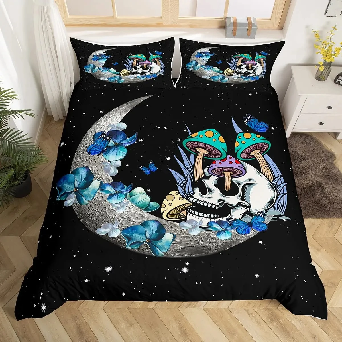 Moth Black Duvet Cover Bohemian Botanical Mushroom Bedding Set Starry Sky Comforter Cover Boho Rural Pastoral Style Quilt Cover