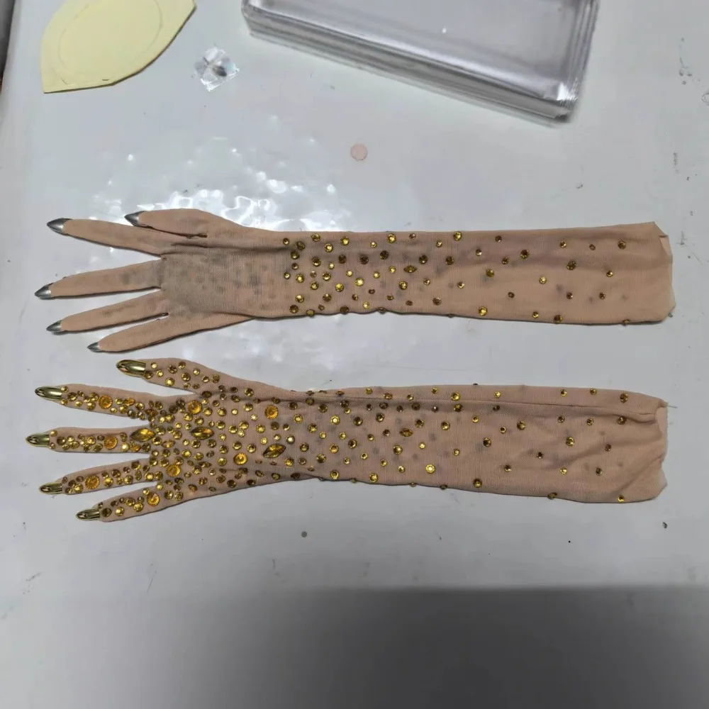 Sparkling Rhinestone Gloves Stretch Luxurious Long Perspective Gloves Trendy Crystal Mesh Gloves