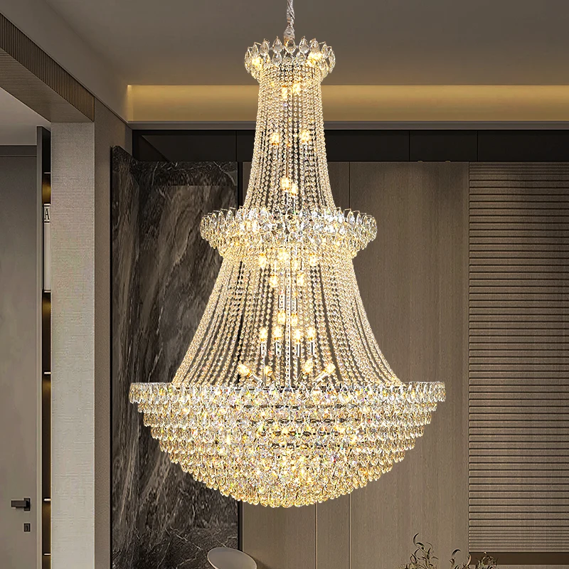 

Chrome Metal Duplex Large Chandelier Light Luxury French Villa High Ceiling Living Room Stairwell High Quality Crystal LED Lamp