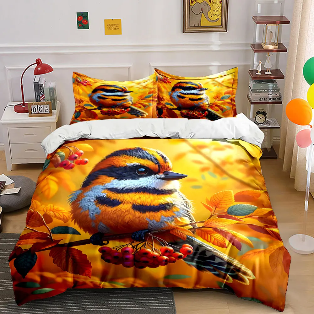 Colorful bird on autumn branch Print Bedding Set 1 Duvet Cover 2 Pillowcases for Adult and Children Luxury Gift Full Size