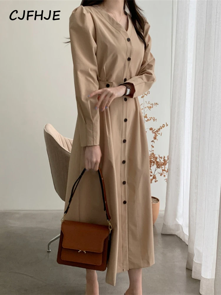 Cjfhje schwarz elegante Dame Hemd Kleid Vintage Puff Ärmel koreanische Mode Frauen Kleider schicke Khaki V-Ausschnitt lange Kleider weiblich y2k