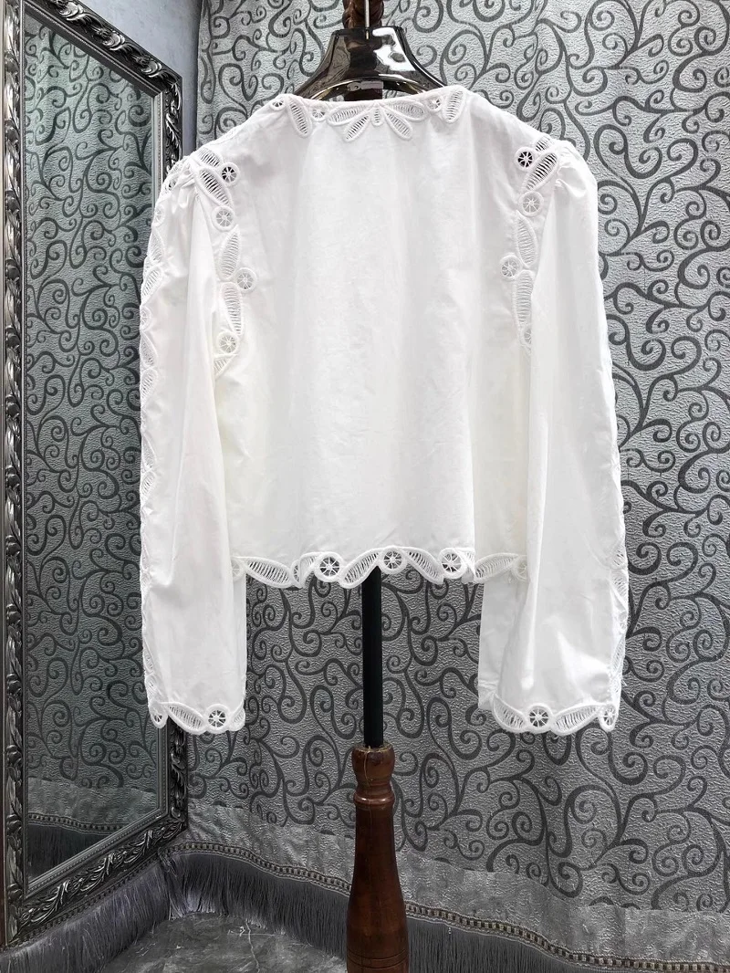 100%Cotton Tops 2025 Spring Fashion Sexy Crop Tops Lady Hollow Out Embroidery Patchwork Long Sleeve High Waist Sexy White Tops