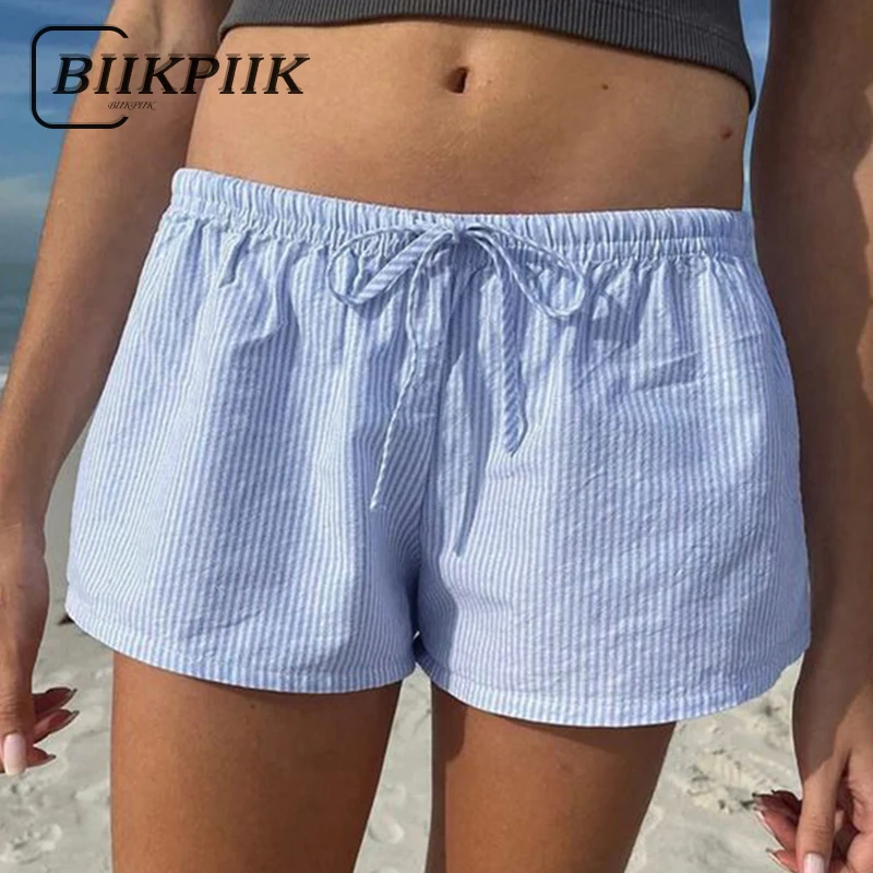 

BIIKPIIK Casual Striped Shorts Beach Style Lace-up Women Mini Shorts All-match Outerwear Underpants Basic Knickers Summer Trendy