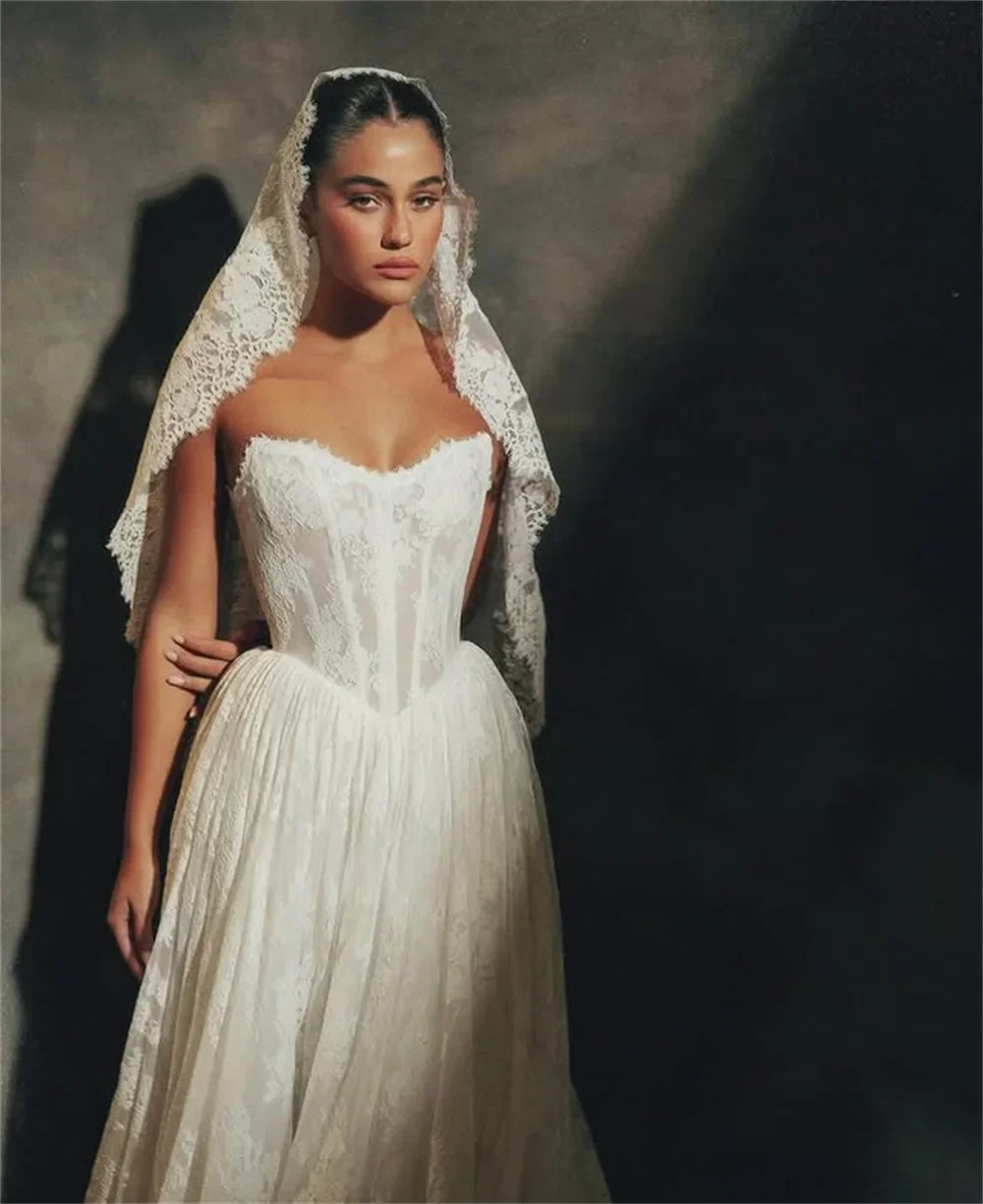 Flavinke فساتين زفاف ساحرة فاخرة على شكل قلب دانتيل كامل على شكل حرف A بدون أكمام سويب تراين 2025 فيستدو دي نويفال