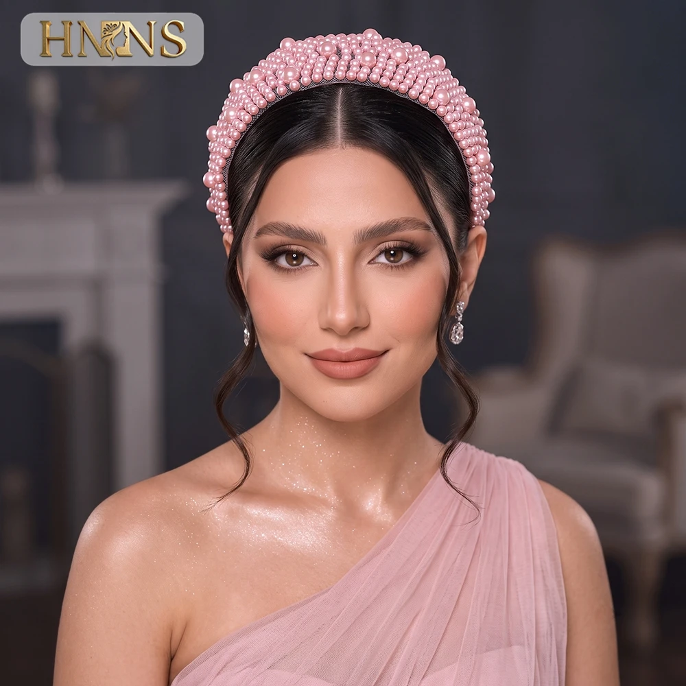 HNYYX Full Pink Pearl Bridal Headband Sweet Handmade Hair Hoop Women Wide Headpiece for Wedding Bridesmaid Dress Matching A451