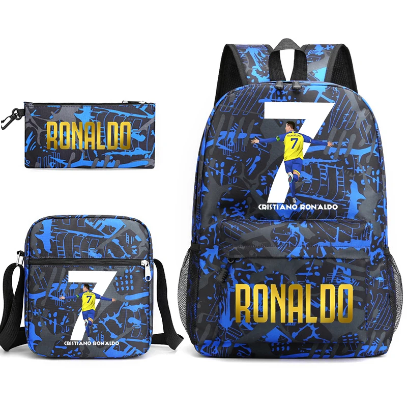 Ronaldo printed children\'s backpack set student school bag shoulder bag pencil case 3-piece set suitable for boys and girls