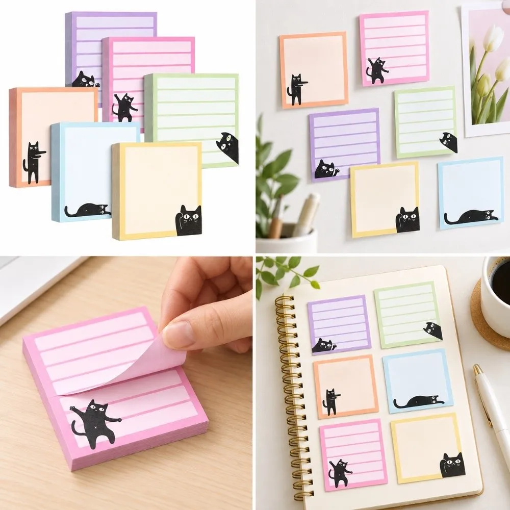 9pcs Set Black Cat Sticky Notes Macaron Style Random Patterns Self-Stick Note Pad Sticky Backing Colorful Page Markers Student