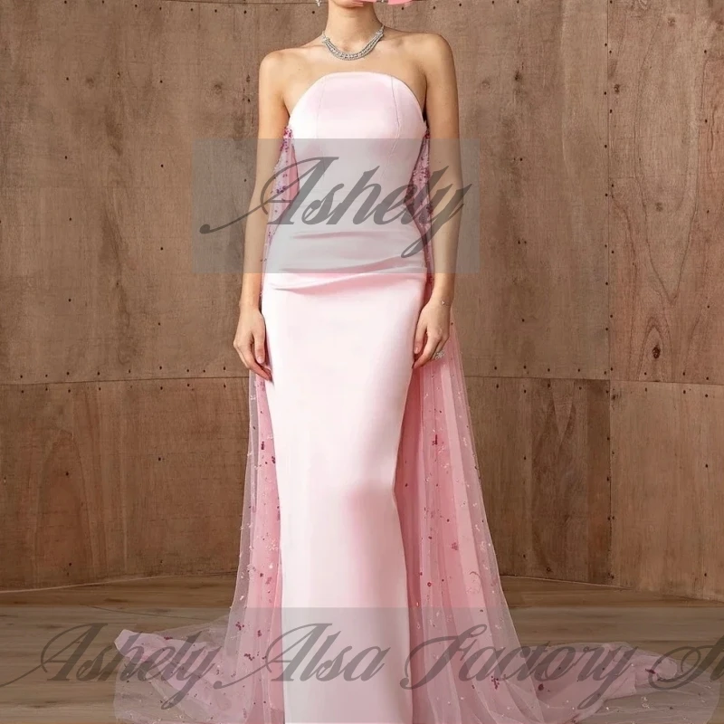 A2325 고품질 핑크 여성 이브닝 드레스 트레인 Strapless 새틴 Tulle 인어 웨딩 파티 공식 행사 맞춤형