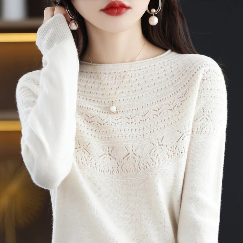 Trendy Style One-Line Ready-To-Wear Pure Wool Sweater Women\'s Hollow Knitted Pullover Autumn and Winter Rolled Edge O-Neck Top