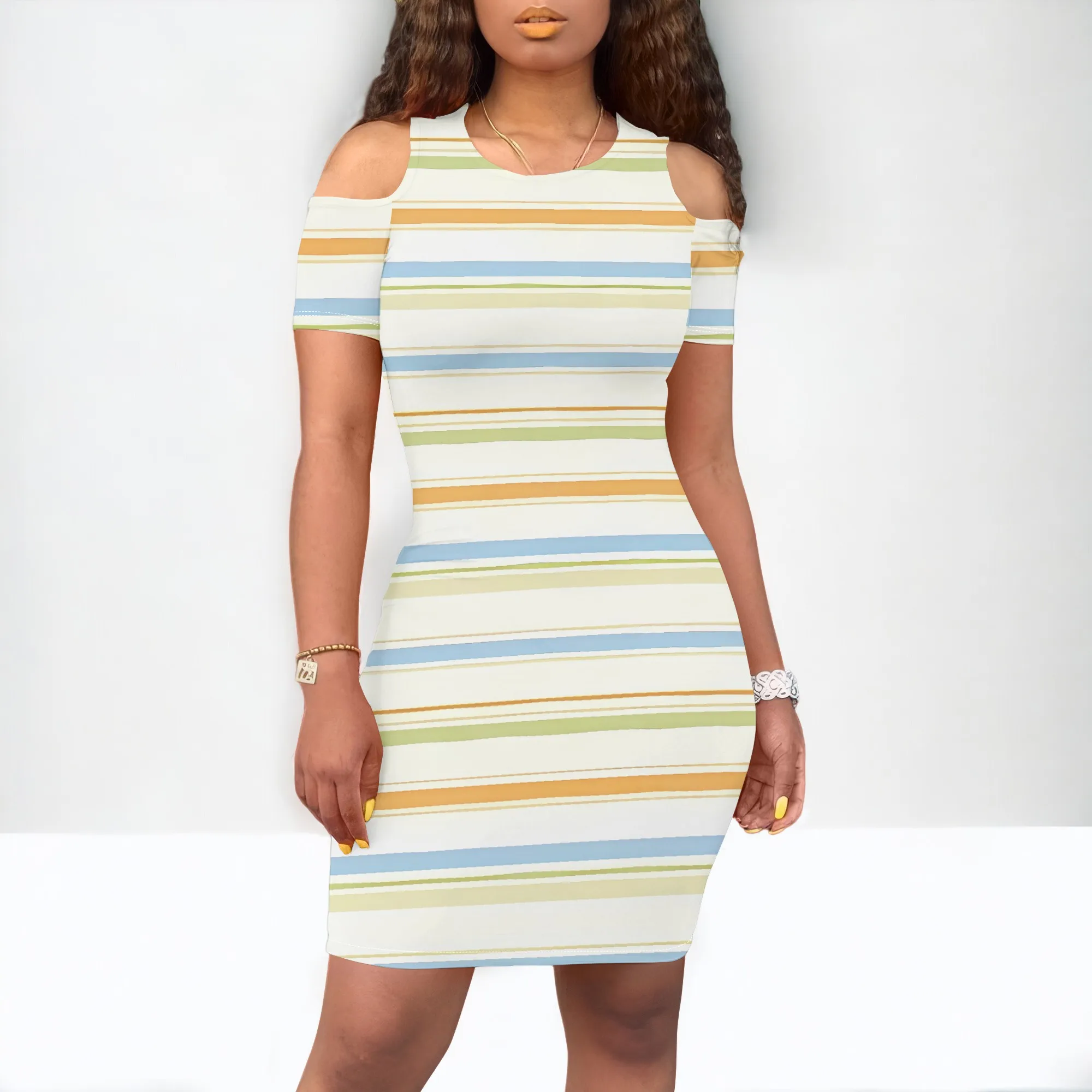 

EQQZD Short Sleeve Round Neck Wide Shoulder Strap Mini Dress, Elegant Minimalist Striped Printed Dress for Women