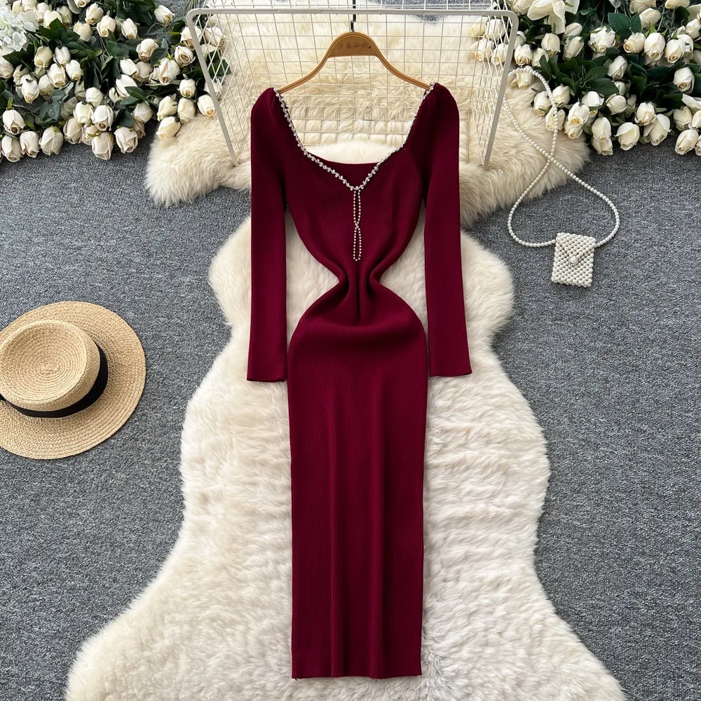 YuooMuoo Marken-Modekleid für Damen 2026 Neues Luxuriöses Y2K Strass Langarm Bodycon-Kleid Elegantes Damen-Abendkleid