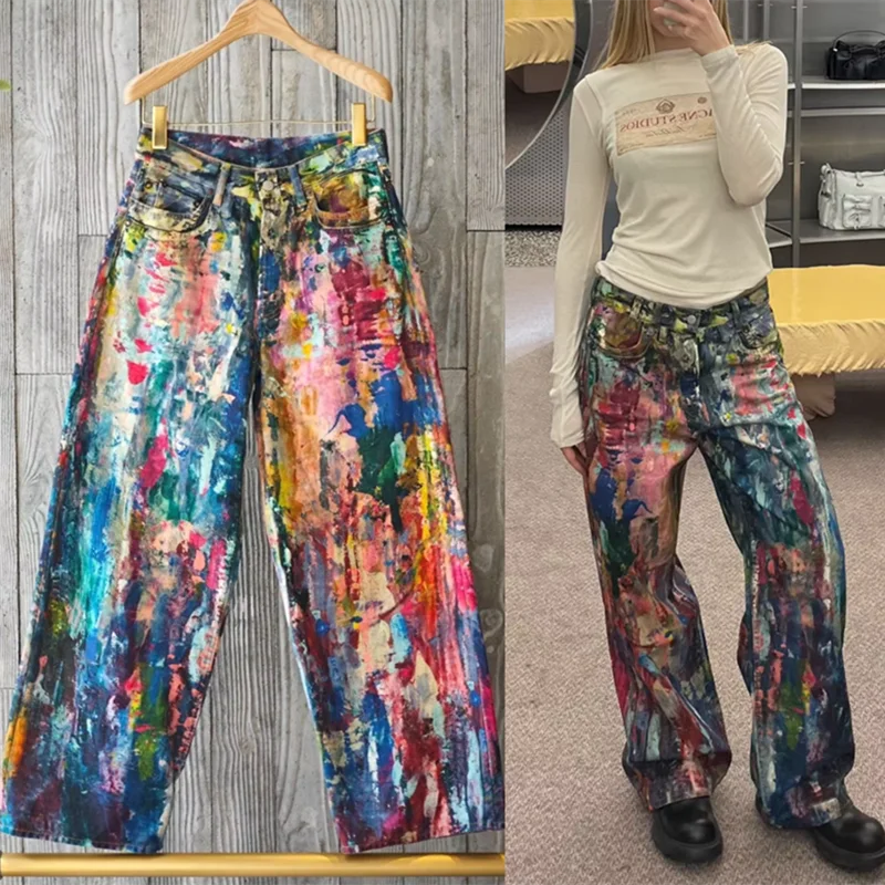 Aesthetic Painting Women Baggy Jeans Colorful Graffiti High Waist Wide Leg Denim Pants Long Trousers Unisex Streetwear