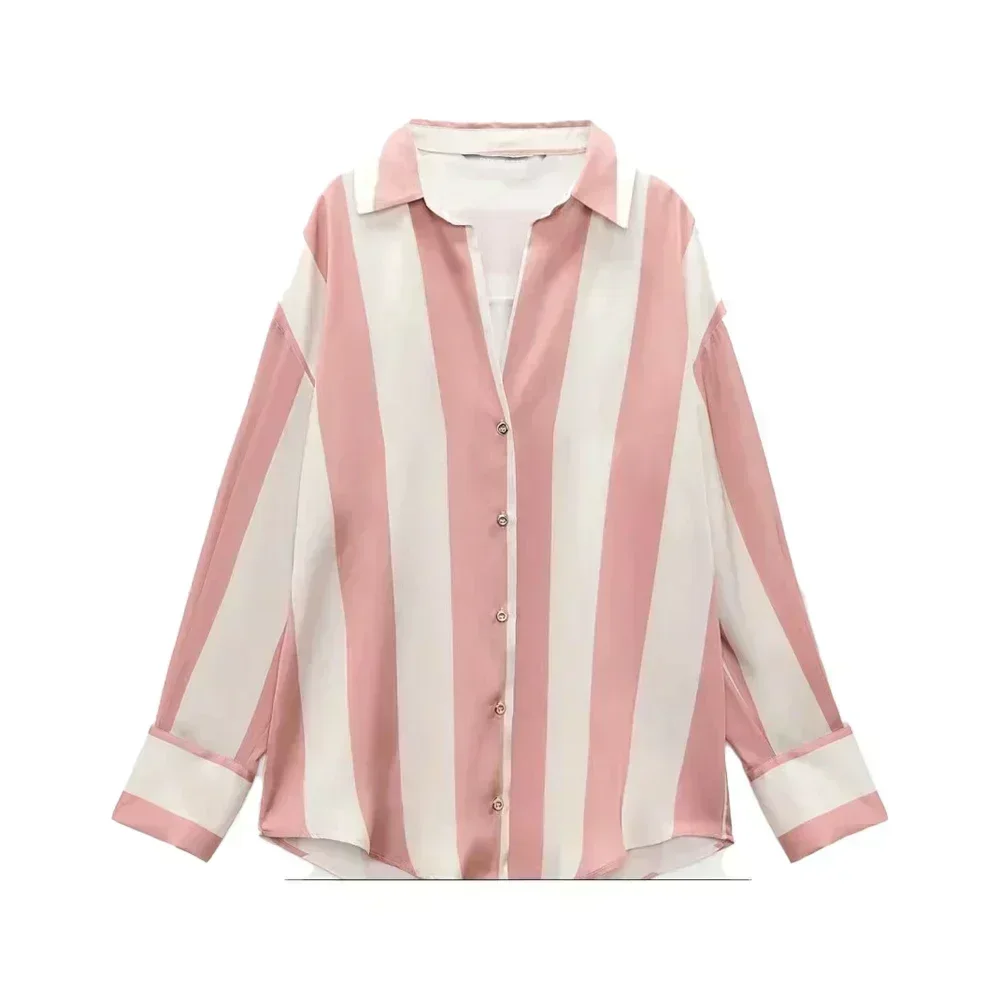 Women 2023 spring New Fashion Multicolor stripe Silk satin texture hang down Blouses Long Sleeve Button-up Female Shirts