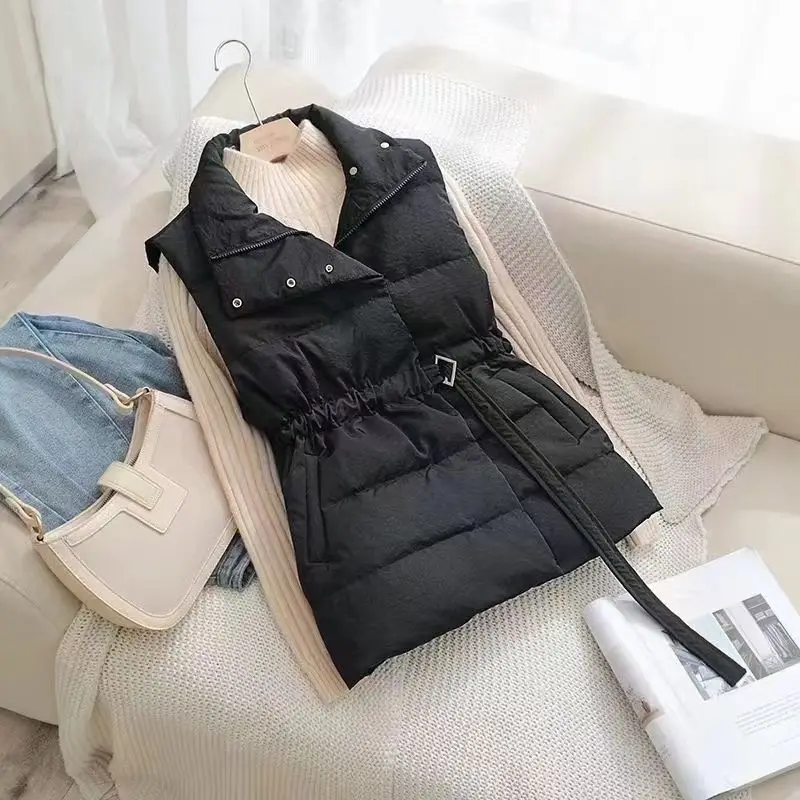 2024 Winter Solid Color Korean Edition Casual Loose Women Clothing Zipper Simplicity Adjustable Belt Sleeveless Warm Vest