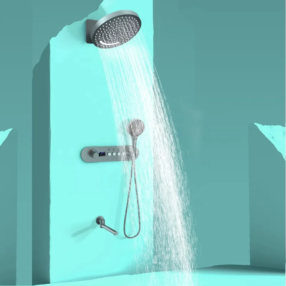 Kaiping High-end Gray Constant Temperature Shower Set Bathroom All Copper Dark Wall Hidden Digital Display Shower System