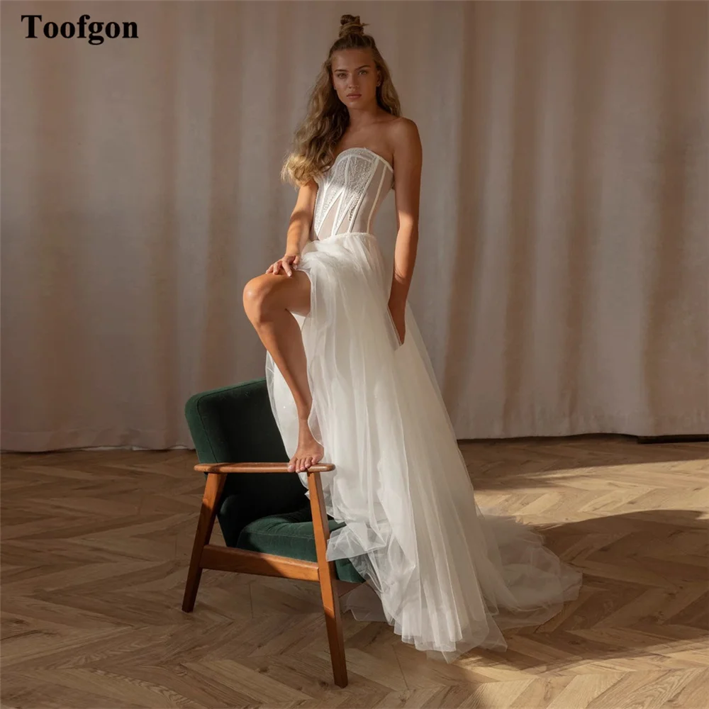 

Toofgon Ivory Soft Tulle Wedding Bride Dresses Fitted Bones Beach Countryside Formal Boho Wedding Party Dress Bridal Gowns 2023