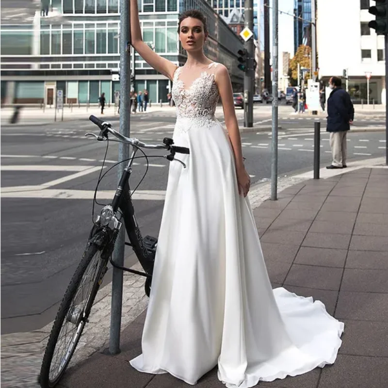 Princess Wedding Dress Sain Appliqued Lace Bridal Gowns Vestido De Noiva Lorie Illusion Back Wedding Gowns For Women
