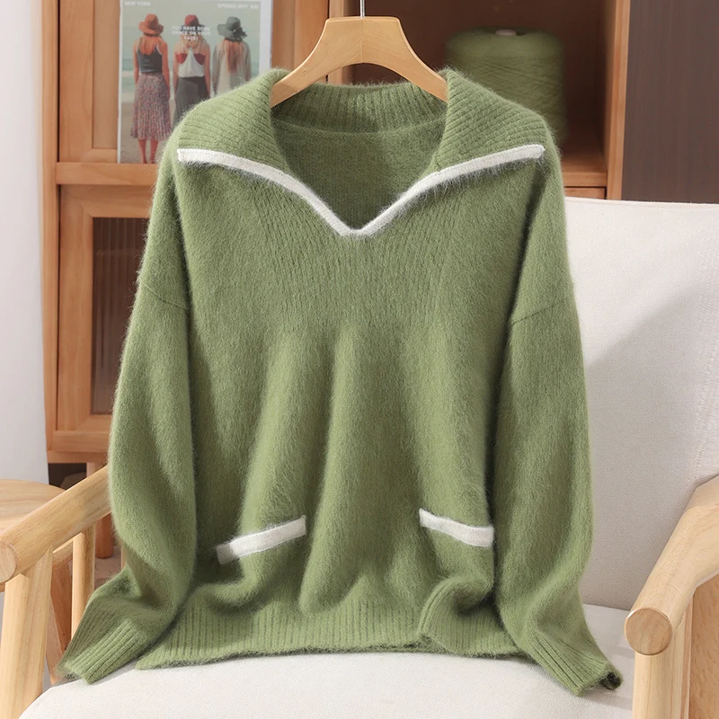 Chic Preppy Style Turn-Down Collar 100% Mink Cashmere Women's Pullovers Basic Soft Warm Casual Loose Pocket Sweater Tops