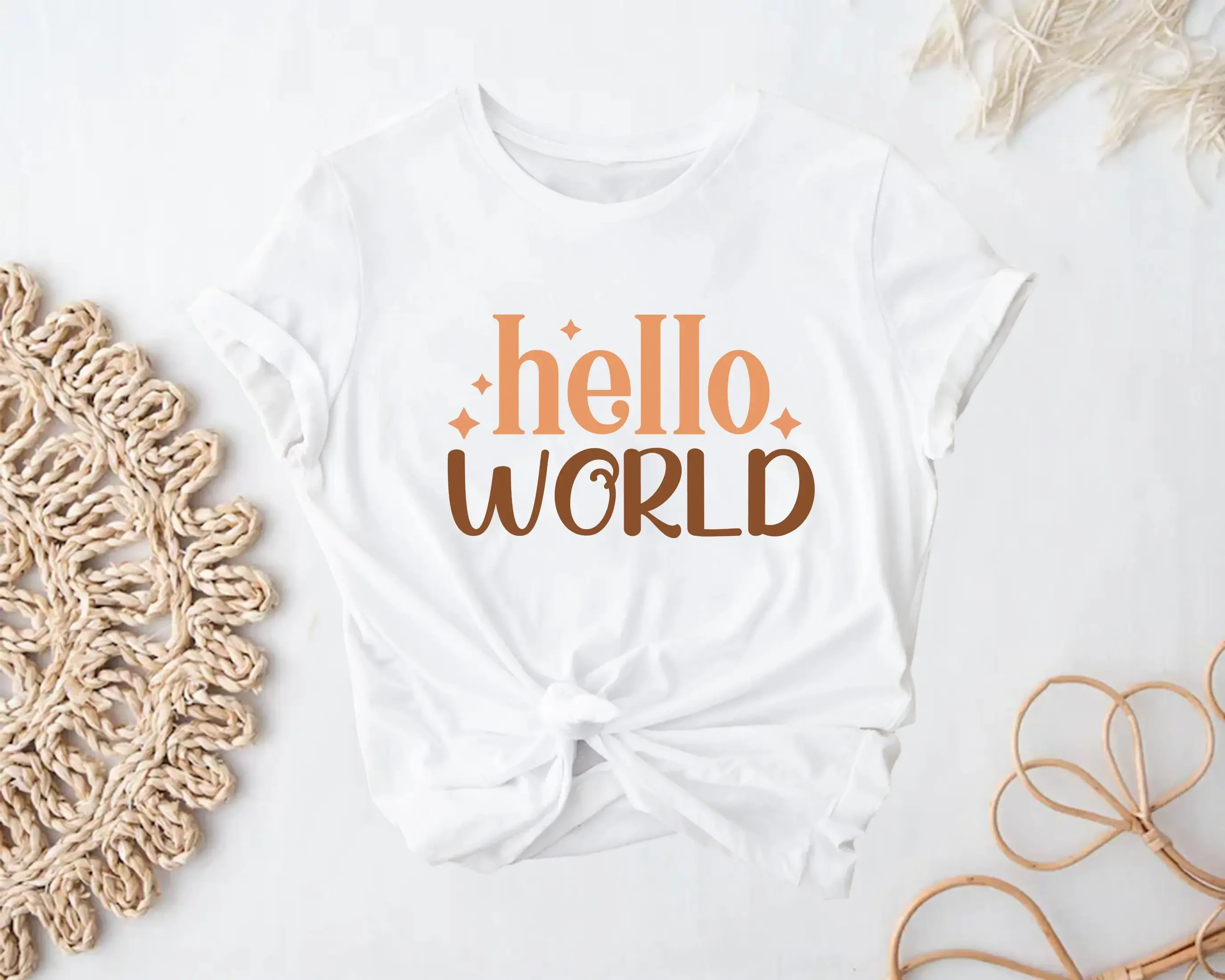 

Hello World T Shirt Baby Boho Retro Cute Happy Matching Botanical