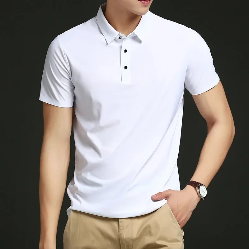 Summer Ice Silk Mens Polo Shirts Luxury Short Sleeve Solid Color Business Casual Male Tops Fashion Simple Slim Man Tees