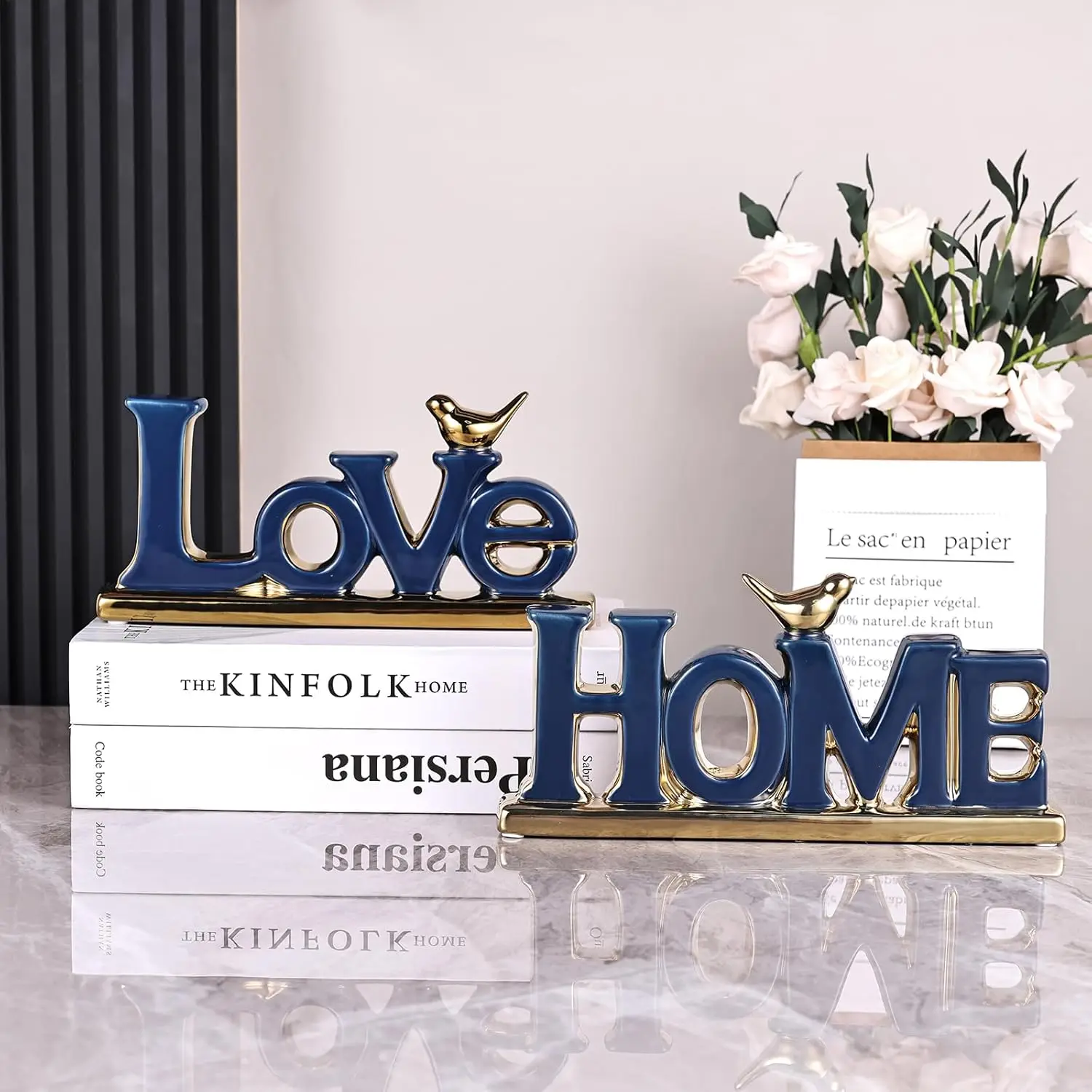 Decorazione del segno d'amore, estetica della decorazione della stanza blu e oro, mensola dello zaino in maglia, decorazioni per uccelli d'oro, libreria Boho, statua astratta in oro