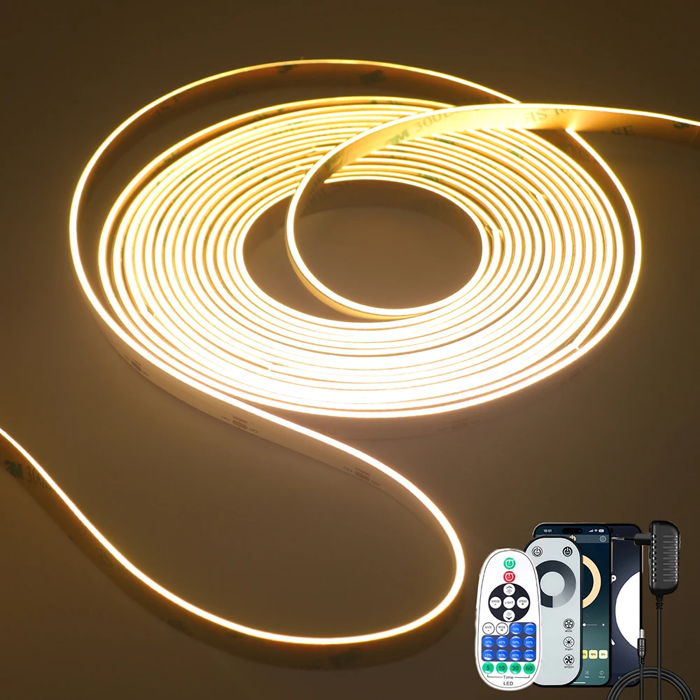2mm Ultra Slim Side Lighting COB LED Strip WiFi Bluetooth 23 8 Keys Touch Remote 24V 480LED EU US UK Power Kit Flex Light Tape