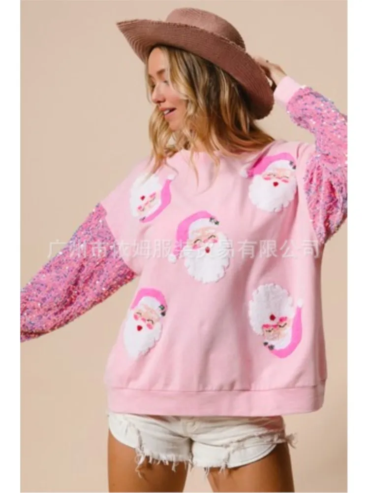 

Christmas Sequin Patchwork Print Pullover Hoodless Sweatshirt Women All-match Christmas Party Long Sleeve Hoodie Tops Female New