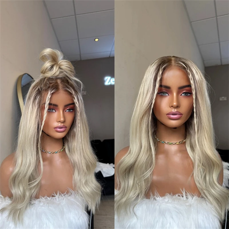 

Длинный парик с натуральной волной 13x4 Светло-русый кружевной фронтальный парик с темными корнями Реалистичная предварительно закрепленная линия волос с детскими волосами