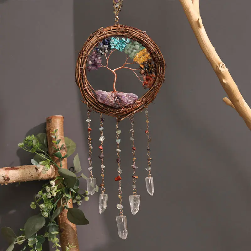 

Vintage Rattan Dream Catcher Hanging Ornament Crystal Gemstone Natural Stone Tree of Life Suncatcher Wicker Sun Catcher for Home