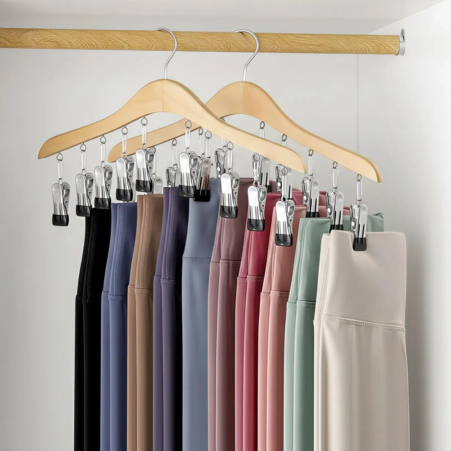 

Wooden Legging Organizer for Closet, 2 Pack with 10 Clips Holds 20 Pants, Space Saving Hanging Storage for Yoga Pants and