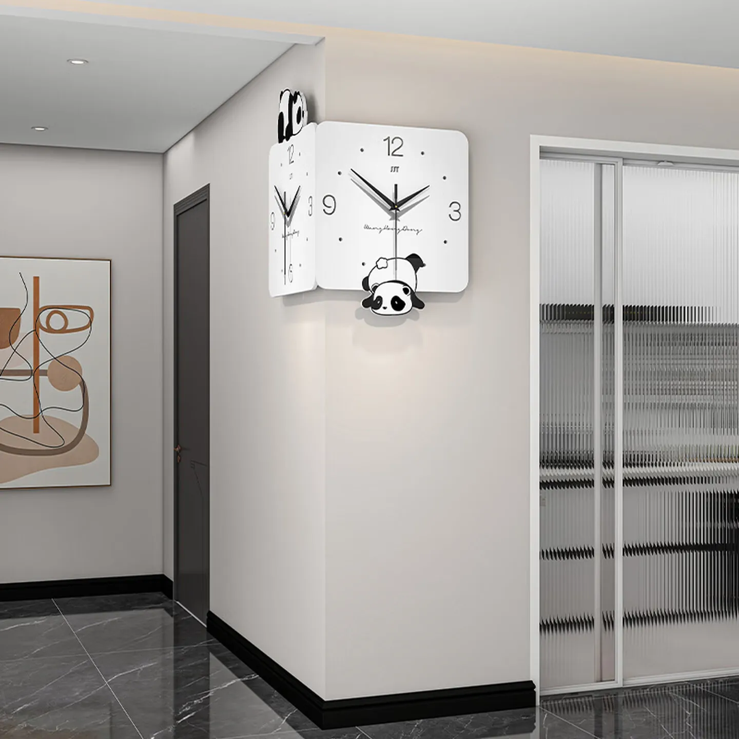 Panda Double Sided Wall Clock Modern Corner Hanging Timepiece with Smooth Finish Clear Display for Dining Room and Living Spaces