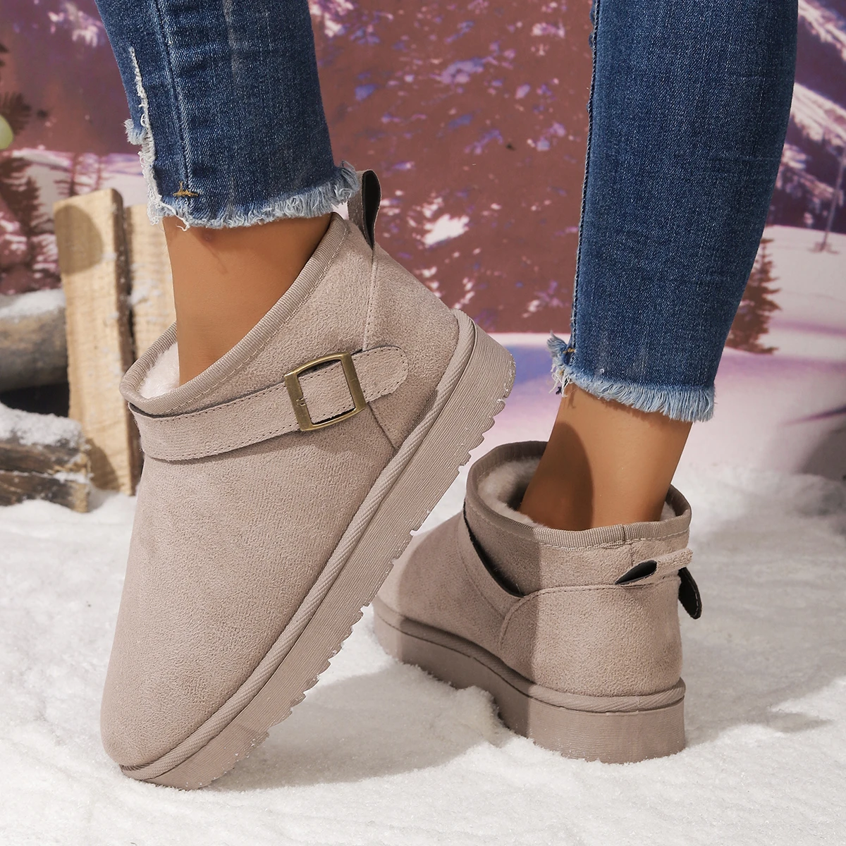 Black Faux Suede Short Plush Snow Boots Women Winter Fashion Buckle Non Slip Thick Sole Warm Booties Mujer Cotton Padded Shoes view 5