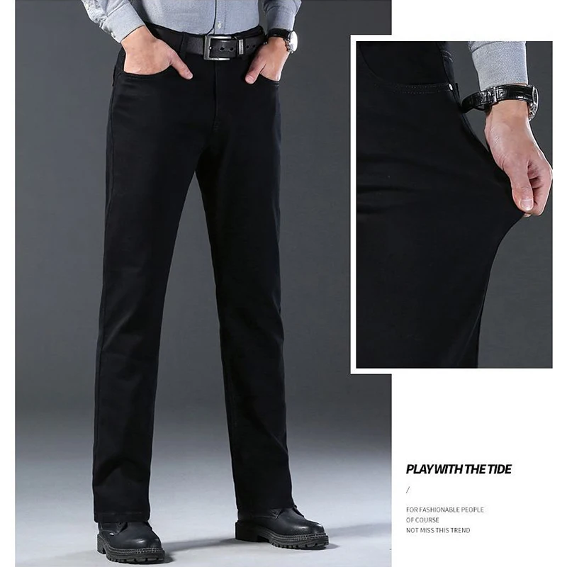 جينز كلاسيكي جديد للرجال لعام 2025 سروال دينم مناسب للأعمال ملابس يومية بأرجل مستقيمة أسود ورمادي بلون واحد