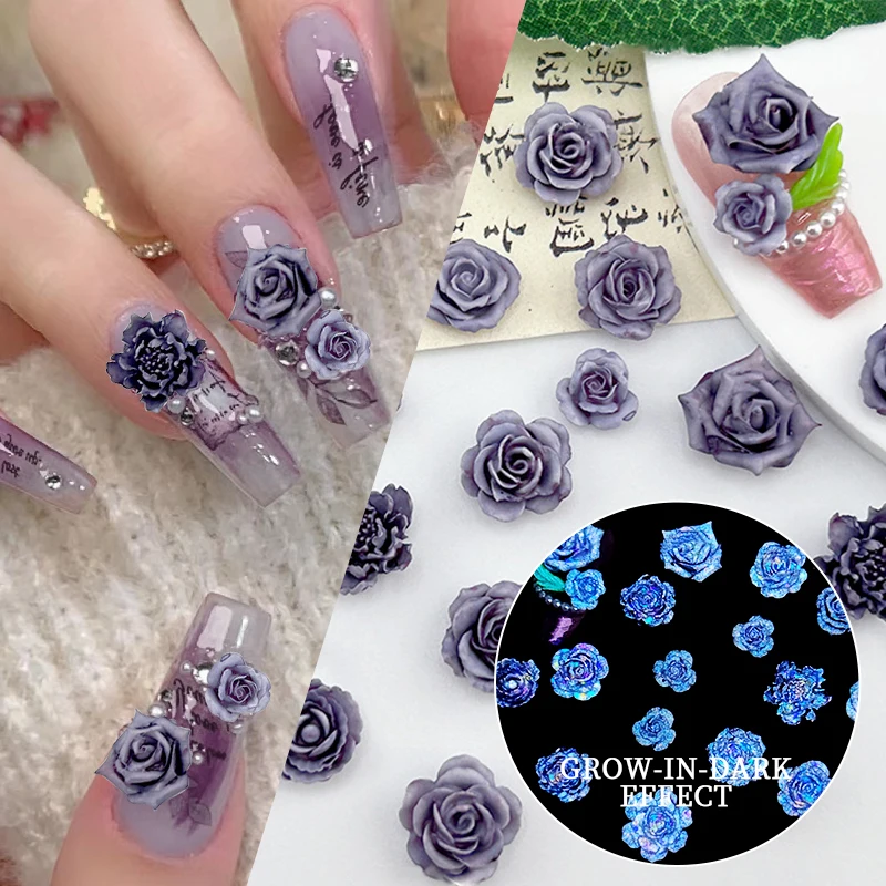 30Pcs Luminous Blue Rose Nail Charms 3D Shiny Grow-In-Dark Nail Decorations DIY Translucent Crystal Manicure Nail Art Decor