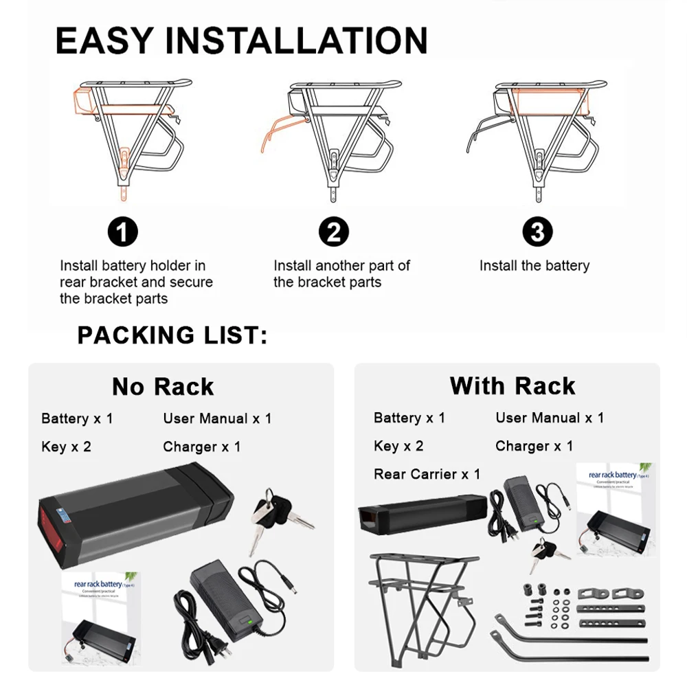 36V 48V 20AH Ebike Battery 52V electric bike Bicycle battery for Bike Lithium Li-ion Battery Pack Rack Carrier Trunk 1000W 42V