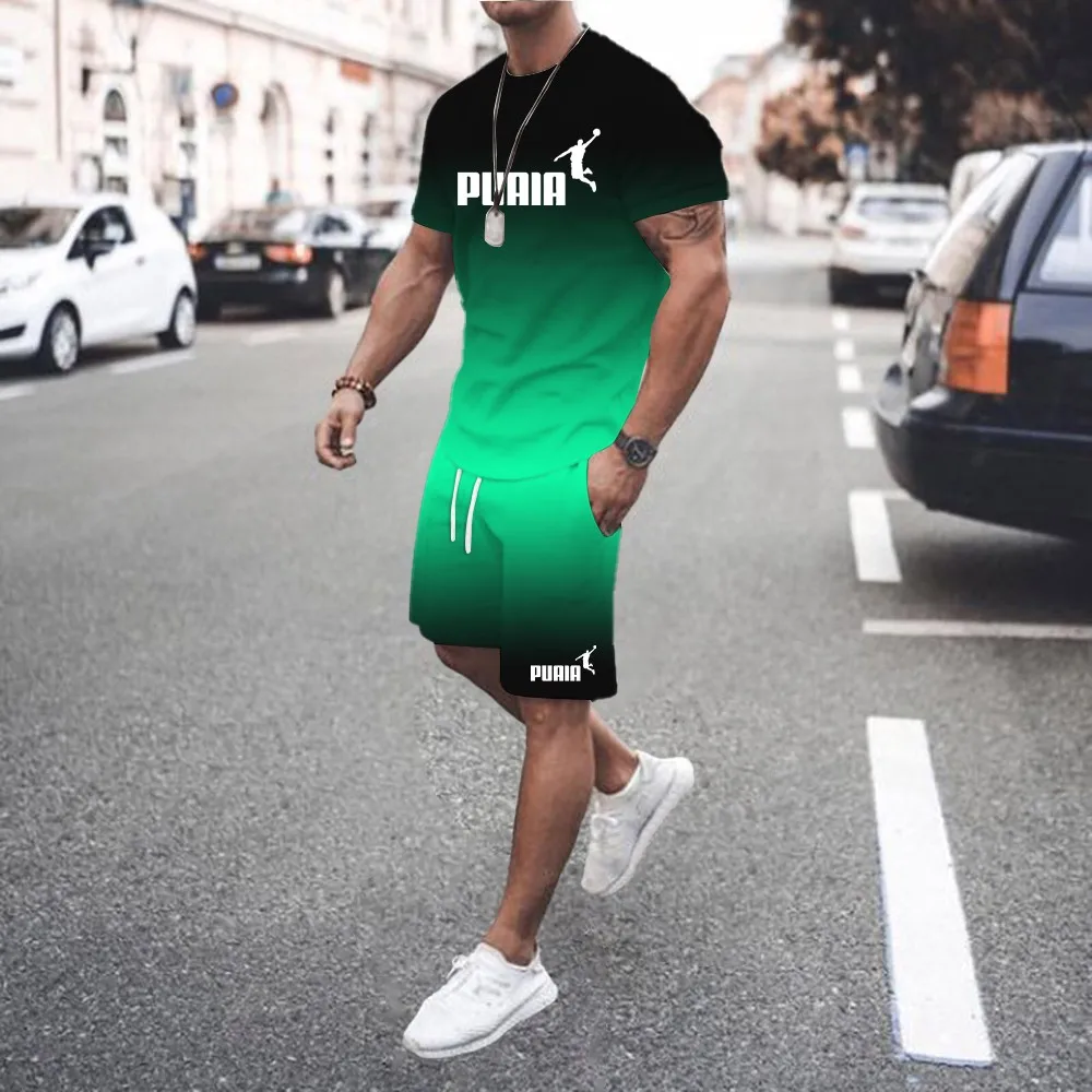 New summer casual wear 3D men\'s gradient T-shirt + shorts sports two-piece set personalized fashion trend creative men\'s suit