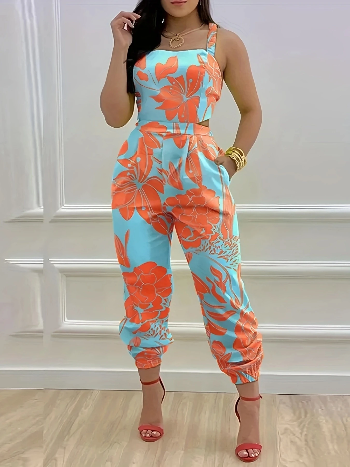 

Summer fashion casual women's printed suspenders open back jumpsuit set