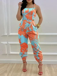 Summer fashion casual women's printed suspenders open back jumpsuit set
