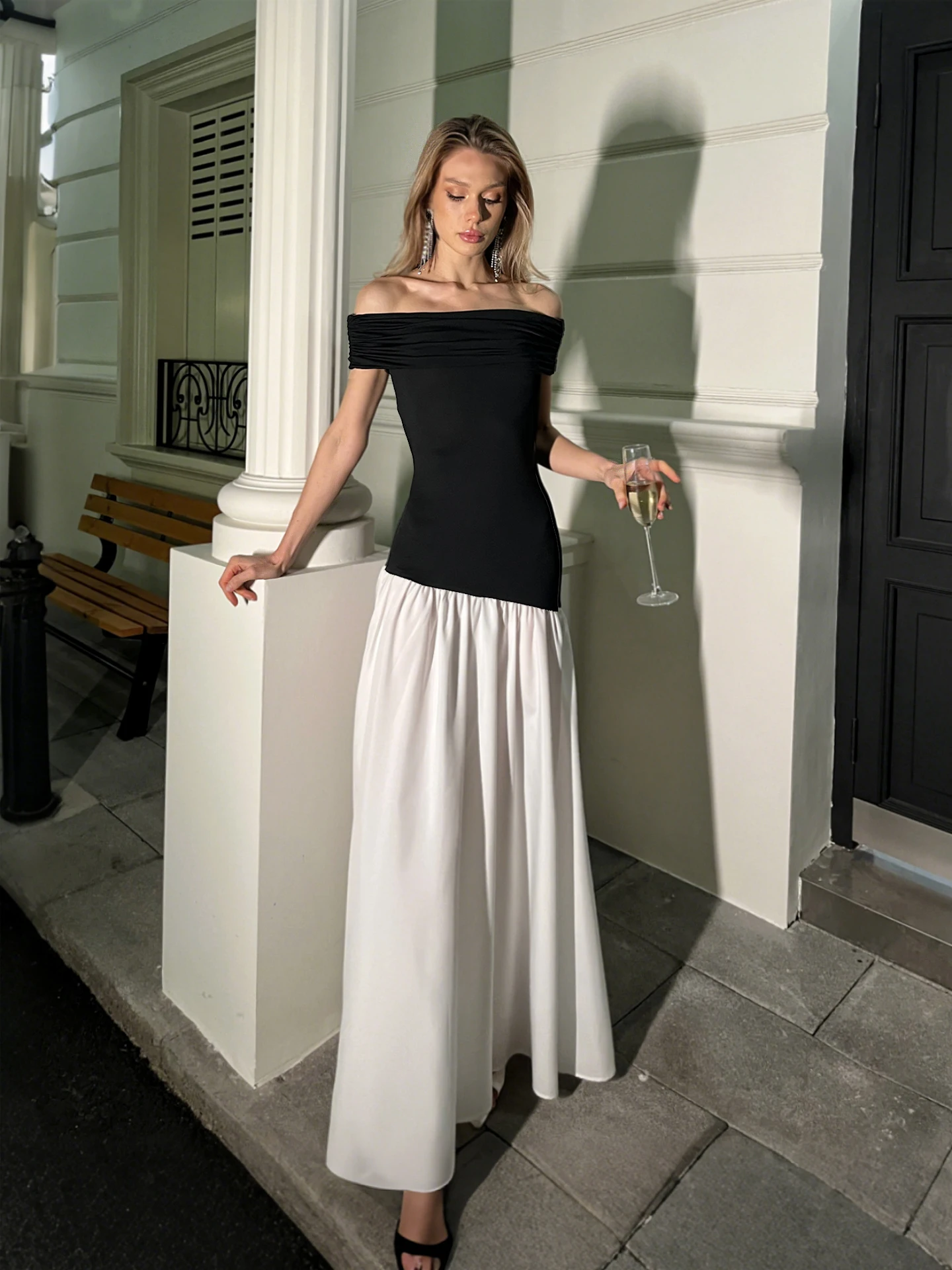 Hugcitar Damen-Maxikleid, elegant, mit Schlitzausschnitt, Farbblock, ärmellos, plissiert, Sommermode, Damenkleidung, Abendparty, Urlaub