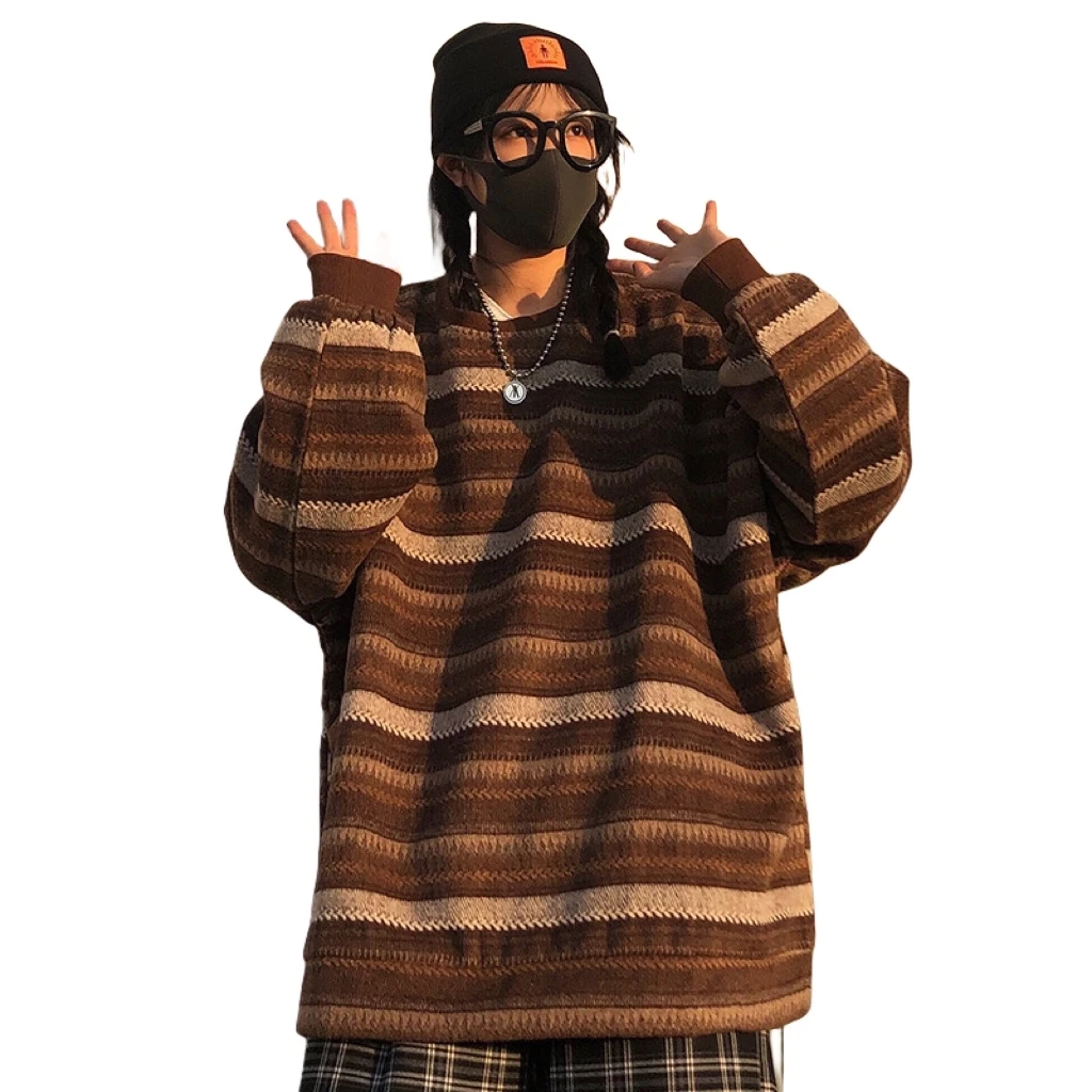 Autumn/Winter Large Women\'s Fat Sister Vintage Lazy Striped Wool Loose Pocket Crew Neck Sweater Coat
